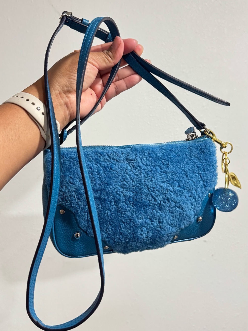 Coach Blue Faux Shearling Crossbody Bag with Gold Cherry Charm